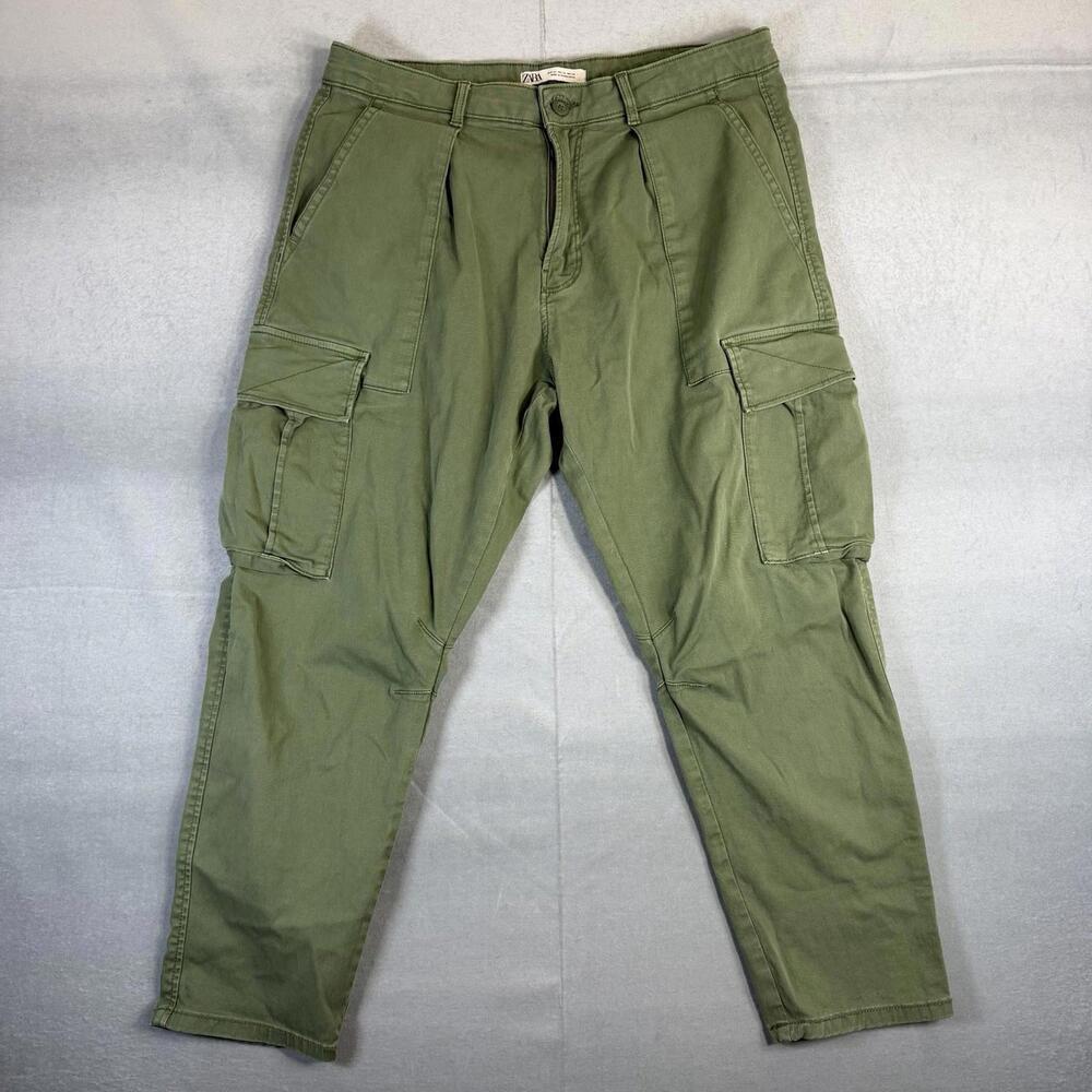 Zara Cargo Pants Mens 34 Green Denimwear Tapered Ankle Fit Army Utility